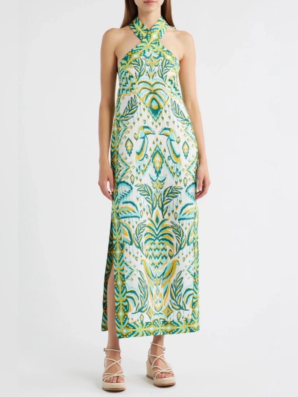 Farm Rio Tropical Tapestry Euroflax Premium Linen Maxi Dress Off White Womens XL - Picture 1 of 16